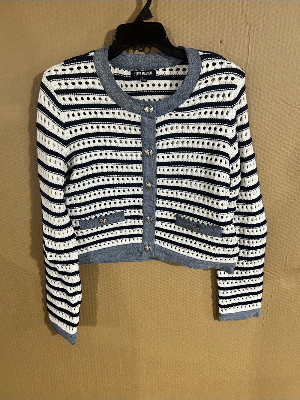 Steve Madden Navy Blue and White Striped Cropped Cardigan
